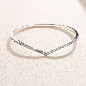 925 Sterling Silver Shimmering Wish Bangle Bracelet with Clear CZ Fits For European Pandora Bracelets Charms and Beads