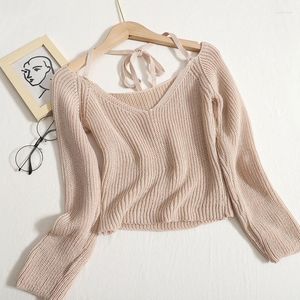 Women's Knits Cropped Sweater Sexy V Neck Off Shoulder Sweaters Knitted Long Sleeve Top Korean Fashion Clothes 2022 Autumn Feminino