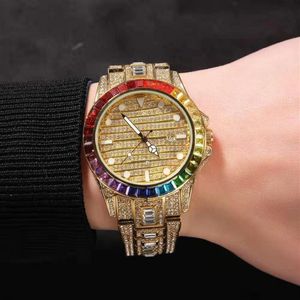 mrożona zegarek na rękę dla mężczyzn luksusowy projektant męski kolorowy diamentowy kwarc zegarek Hip Hop złota srebrne różowe złoto zegarki biżuterii 275k