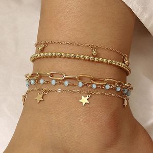 Anklets europeiska och amerikanska mode vilda kors ihåliga flerskikts fotprydnader kvinnor enkla flera stjärnor runda pärlor