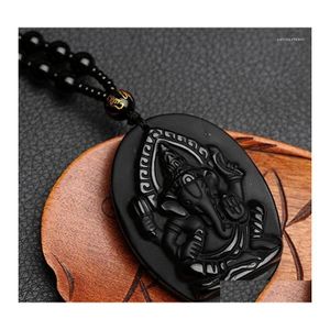 Pendant Necklaces Fashion Natural Stone Obsidian Bead Necklace Fine Polished Lucky Carved Black Male Elephan G0T2 Drop Delivery Jewe Dhrwd