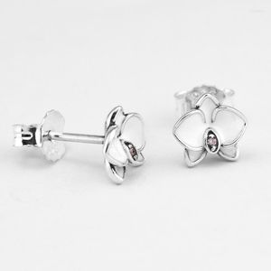 Stud Earrings 925 Sterling-Silver-Jewelry Orchid Earring With White Enamel