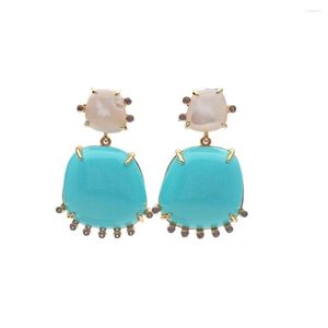 Stud Earrings Natural White Shell Blue Turquoise Cz Dangle Gemstone Fashion Jewelry