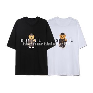 ファッションブランドラグジュアリーメンズTシャツミドルフィンガーベアプリントラウンドネック半袖夏ルーズルーズTシャツカジュアルトップブラックホワイト