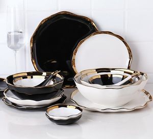 Black/White Ceramic Dinner Set Dishes Cake Food Plate Salad Soup Bowl Dinnerware Set for Restaurant Hotel Wave Design Tableware