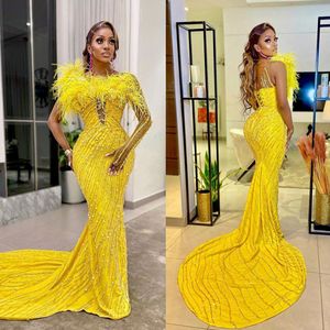 Fashion Sequins Yellow Mermaid Wedding Dresses One Shoulder Feather Bridal Clown Enkla formella festkl￤nningar