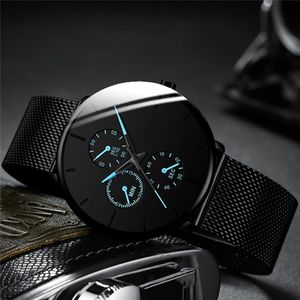 2021 MENS Fashion Watches For Men Business Casual Ultra Thin Clock Manlig rostfritt st￥l Mesh Belt Quartz Watch Relogio Masculino253a