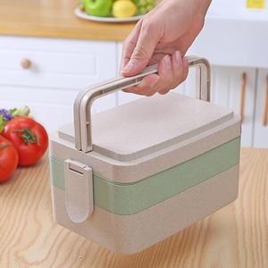 Dinnerware Sets Three Layers Lunch Box Large Portable Picnic Container Eco Wheat Straw Bento Kids School Lunchbox With Cutlery Set