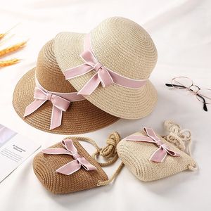 Hattar 3-7 år gammal 2 datorer Girl Straw Hat Bag Set Bow Summer Beach Camping Travel Shopping Sunhat