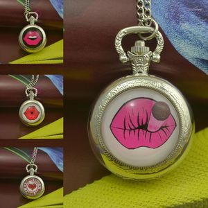 Pocket Watches Wholesale Fashion Red Lip Watch Necklace Woman Fob Sexig kärlek Sier Round Convex Lens Glass Picture Girl Cute