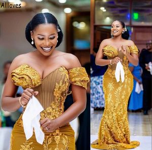 Golden African Girls Mermaid Prom Dresses Sexy Off The Shoulder Corset Lace Appliques Beaded Plus Size Formal Evening Party Gowns Second Reception Dress CL1610
