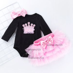 女の赤ちゃん1歳の誕生日ブラックロンパースカート3PCS/セット