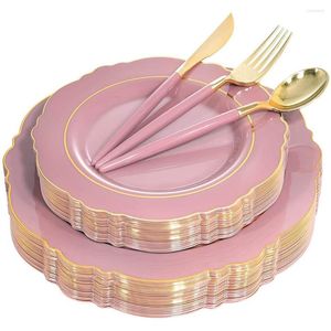 Disposable Flatware Cutlery Set Blue Pink Plastic Tray With Golden Border And Silverware Wedding Party Supplies