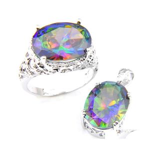 Altri set di gioielli Luckyshine Anelli Pendentea Ovale Arcobaleno Natural Mystic Topaz Gemme 925 Sterling Sier Placcato Per Le Donne Zircone S Drop Dh6Sr