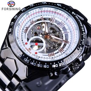 Forsining Top Brand Luxury Men Automatic Watch Business Black Stainless Steel Skeleton Open Work Design Racing Sport Wristwatch SL287w
