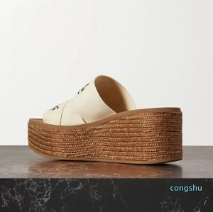 22S WEDGES 굽 우디 웨지 슬리퍼 샌들 여성 캔버스 플랫폼 Espadrille 샌들 슬립 온 폴리 프로필렌 슬리퍼 두꺼운 고무 바닥 발 뒤꿈치 높이 30mm 상자 포함