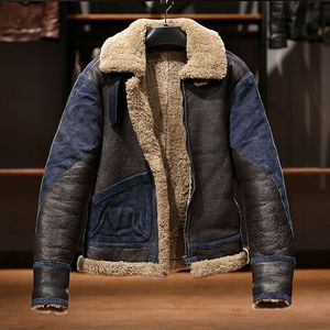 Dunkelblaue Retro Vintage B3 echte Schaffell-Lederjacken, Double-Face-Fell, Anzüge, Taschen, Fliegerjacke, Reverskragen, dicker YKK-Reißverschluss