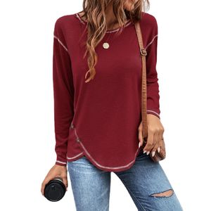 女性シャツファッションソリッドカラールーズバインディングボタン不規則なTシャツ長袖ブラウスプラスサイズS-5XL