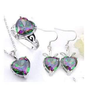 Altri set di gioielli Luckyshine Regalo di San Valentino Fuoco Arcobaleno Cuore Topazio mistico 925 Sterling Sier Anelli Pendenti Orecchini Set Wome Dhcqx