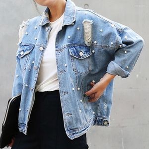 Women's Jackets Denim Jacket Long Sleeve Coats Women Loose Rhinestone Beaded Elegant Vintage Hole Girls Jeans Coat Plus Size