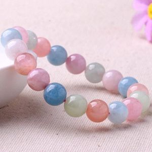 Bracciale con perline di pietra alla moda, pietre di morganite, colori caramelle, bracciale rigido tondo liscio, elastico misto, 8 mm, per gioielli donna ragazza