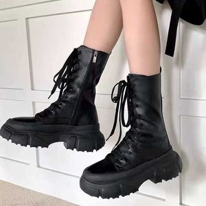 Top Boots Rimocy Punk Lace Up Chunky Mid Calf Women Pu Leather High Platform Motorcycle Woman Zipper Thick Heels Gothic Shoes 221213