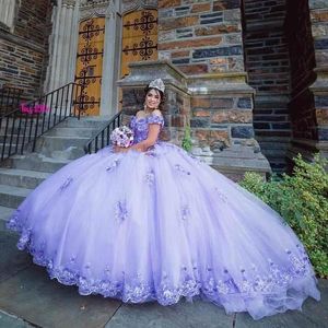 Quinceanera Ball Gown Dresses Off Shourdell Lilac Illusion Lace Aptliques Beads Crystal Flowers Floor Lengh