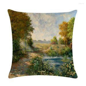 Pillow American Beauty Scenery Faux Linen Hug Pillowcase Oil Painting Flower Country Road Decoration Cover 45x45cm Accessories