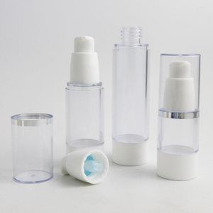 Bottiglie di stoccaggio 10 X 15 ml 30 ml 50 ml Bottiglia da viaggio in plastica trasparente airless bianca con coperchio con bordo argentato Confezione per lozione ricaricabile