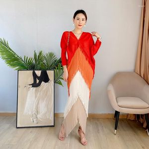 Casual Dresses EOS Pleated Tassel Dress 2022 Spring Summer Bat Sleeve Loose Long Designer Fashion Elegant Aesthetic Clothes MIYAKE