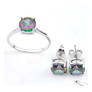 Altri set di gioielli Luckyshine Holiday Gift Classic Rainbow Mystic Topaz Gemme 925 Sterling Sier Anello Orecchini Donna Set Drop Deli Dhm2J