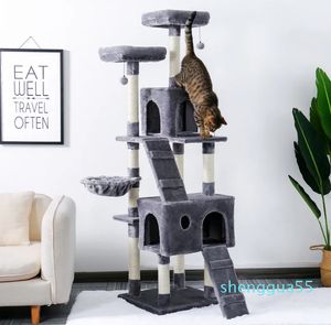 Cat Furniture Scratchersmulti-level boom voor S met gezellige zitstokken stabiel klimframe krasbord speelgoed grijs beige 220909