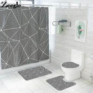 Tappetini da bagno Tappetino e set di tende da doccia impermeabili Strisce 3D Stampa Tappeto da bagno Tappeto Flanella Toilette a forma di U Piede antiscivolo