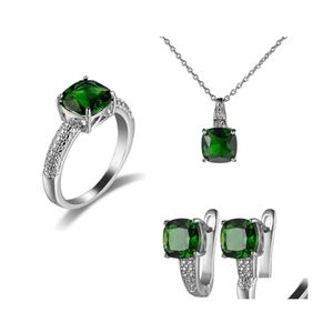 Andere Schmuckstücke Sets LuckyShine Hook Ohrringe Ringe Anhänger Square Green Quarz Edelsteine ​​Sier Halskette USA Australien Urlaubsfeier Geschenk d Dhkzu