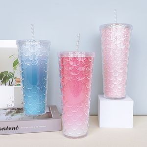 2022 New 24oz Plastic Tumblers Fish Scale Cup Acrylic Water Bottles With Straw Double Walled Snow Globe Glasses Ribbon Cups Express A0037