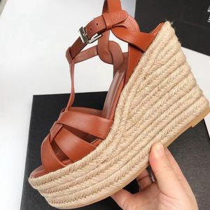 Elgant Designer Sandals Leather Leather Tribute Rope Rope Rope Wedge Cankle Strap Gladiator Sexy Summer Summer Leathe EU35-43