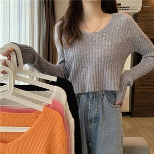 Women's Sweaters 5 Colors Pullovers Women Solid Thin Knitted Crop Tops Long Sleeve V-neck Loose Fashion Female Korean Basic Warm Jumpers