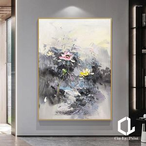 Pinturas artesanais chinesas preto e branco flor abstrata faca pintura a óleo sobre tela moderna arte da parede sala de estar decoração de casa sem moldura