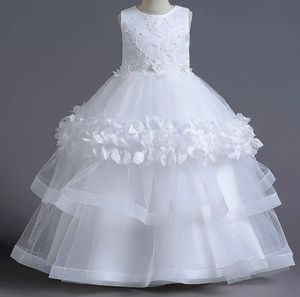 Puffy Blumenmädchenkleider 3D-Blume mit V-Ausschnitt, lange Spitze, für Kinder, Teenager, Festzugskleider, Geburtstagsparty-Kleid für Hochzeit, Cooktail-Kleid