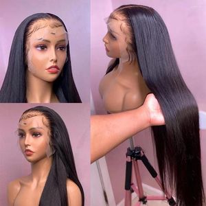 Şeffaf dantel ön insan saç perukları 30 32 34 inç uzunluğunda düz frontal peruk brezilya doğal 4x4 kapanma gabrielle