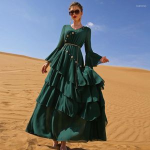 Etniska kläder Ramadan Abaya Dubai Green Chiffon Robes Turkiet Kvinnor Multi-Layer Ruffle Cake Dress Eid Muslim Flared Sleeve Hijab Kaftan