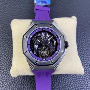 Echte Luxus-Ausverkaufsuhr, limitierte Tourbillon-Herren-Sportuhr, cooles lila Kautschukarmband, Saphirglas, ausgehöhltes Zifferblatt, 44 mm, Größe CDQL