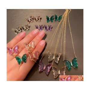 Pendant Necklaces Fashion Dream Girl Sweet Mticolor Translucent Glass Butterfly Ring Crystal Necklace Earring Set Drop Delivery Jewe Dhzfj