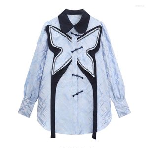 Women's Blouses 2022 Autumn Vintage Blouse Lapel Collar Long Sleeve Blue Bow Loose Office OL Shirt Women Elegant Ladies Button Up Tide Chic