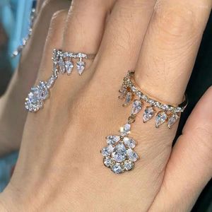 Wedding Rings Luxury Cubic Zirconia Tassel Adjustable Opening Ring Jewelry For Women Shiny Rhinestone Crystal Finger Hand Accessories