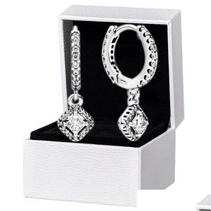 Hoop Huggie Square Sparkle Küpeler Pandora için Orijinal Kutu Seti 925 Sterling Sier CZ Diamond Kolye Küpe Kadın Düğün Dhyt5