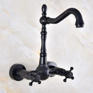 Bathroom Sink Faucets Black Oil Rubbed Brass Wall Mount Basin Faucet Swivel Spout Kitchen Cold And Water Mixer Tap Dnf849