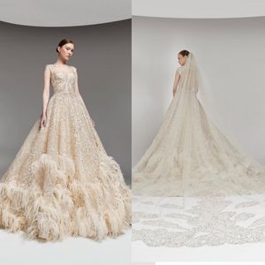 Glamor￶sa A-Line Wedding Dresses Square Shining paljetter Applicant med Little Pearl Feather Backless Design Court Gown Dress Custom Made Plus Size Vestidos de Novia