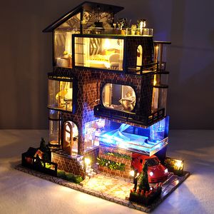 Decompression Toy Wooden DIY Dollhouse Manhattan Villa Kit Assembled Miniature Car Swimming Pool Doll House Toy For Children Adult Christmas