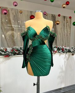 Dark Green New Arrival Velvet Evening Dresses V Neck Long Sleeves Strapless Beaded Hollow Sequins Applique Celebrity Thigh Length Prom Dress Plus Size Tailored